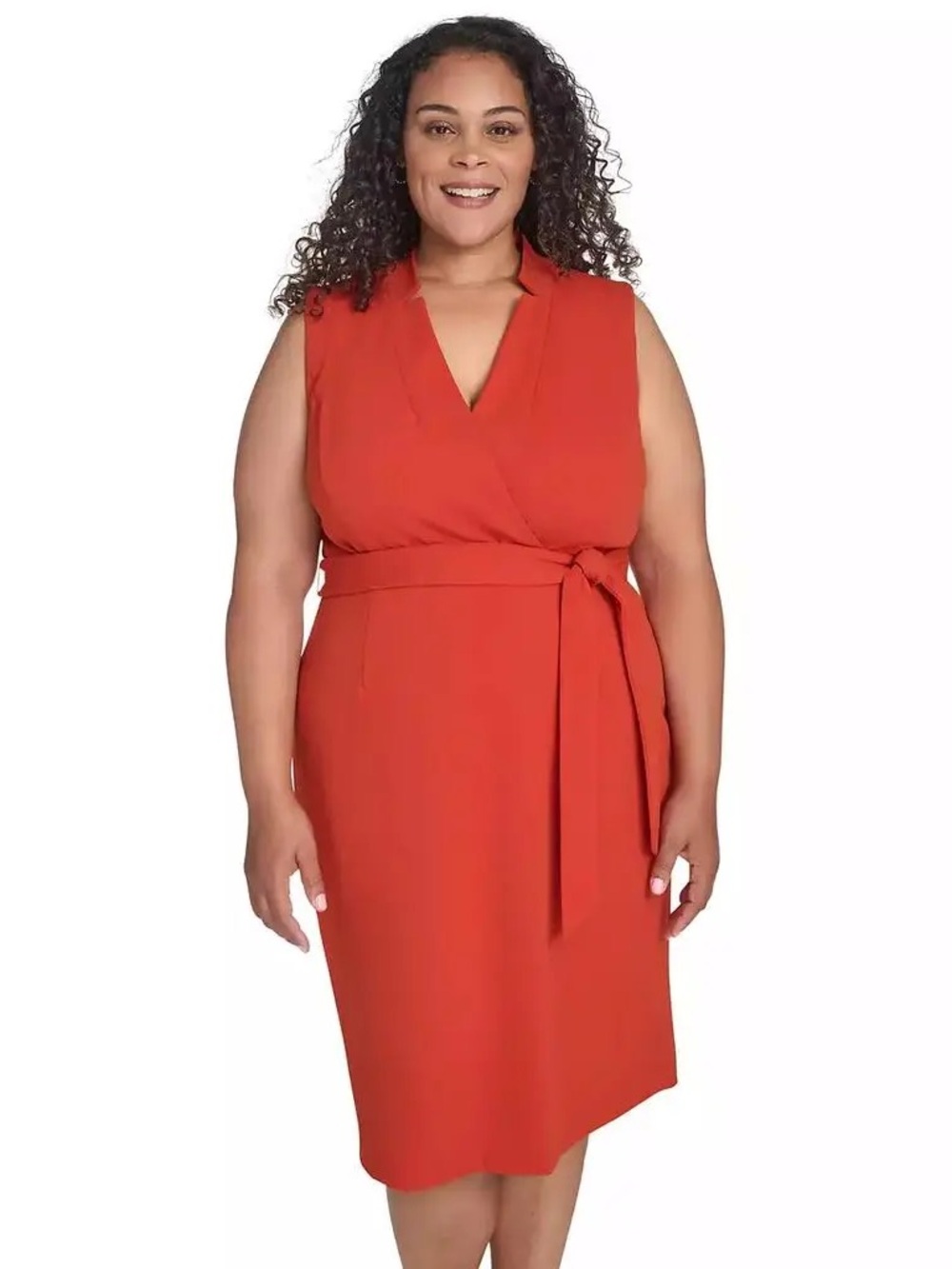 Calvin Klein Sleeveless V-Neck Wrap Dress in Coral Red